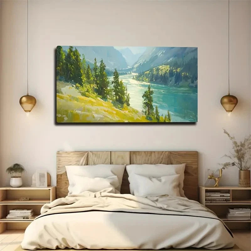 Tranquil Mountain Forest River Wall Art Canvas Office Home Room Framed 120x60cm