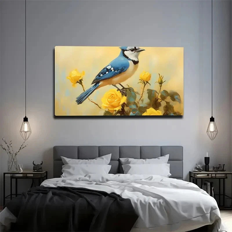 Blue Jay & Yellow Rose Wall Art Canvas Office Home Room Framed 120x60cm - Bella Home Decor