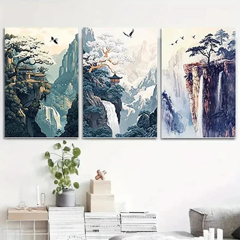 3pcs Vertical Mountain Waterfall & Pine VMW Wall Art Set Canvas Unframed - High Quality Print 100% Australian Made Wall Canvas
