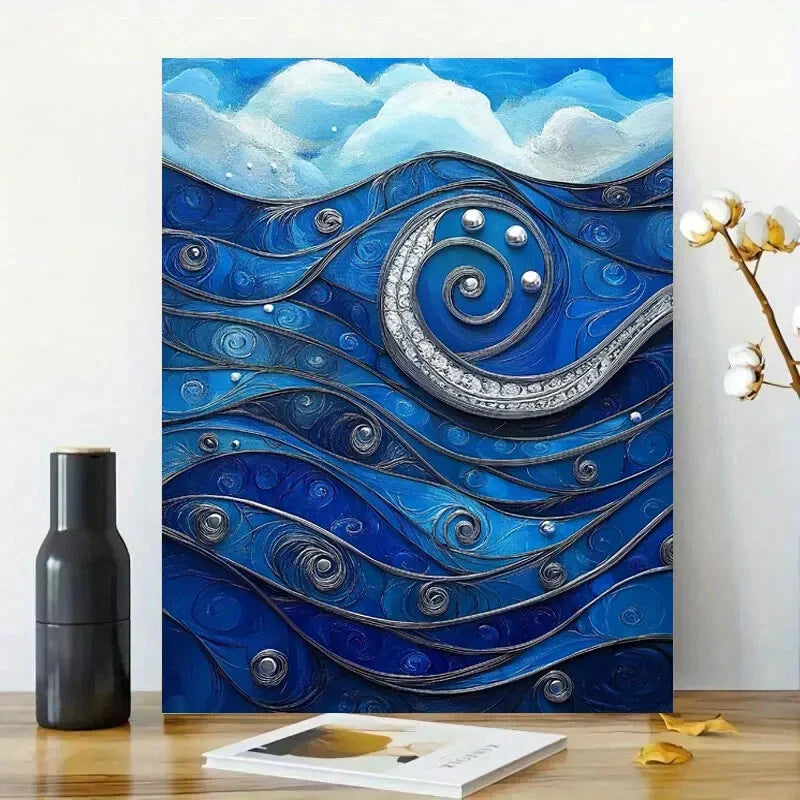 Beautiful Painting of Blue Waves with Swirls Pearls 40x60cm Metal Print Ready to Hang