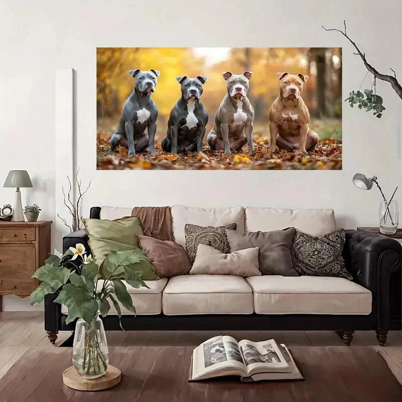 Four Pit Bulls In Autumn Wall Art Canvas Office Home Room Framed 120x60cm