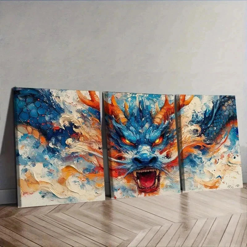3pcs Dragon Portrait Orientation Wall Art Set Canvas Framed 40x60cm - High Quality Print 100% Australian Made Wall Canvas Ready to Hang