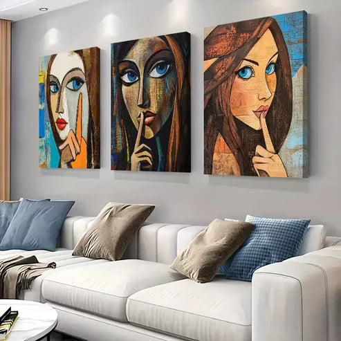 3 PCS Abstract Woman Portrait “Shh” Gesture Wall Art Set Canvas Unframed - High Quality Print 100% Australian Made Wall Canvas - Bella Home Decor