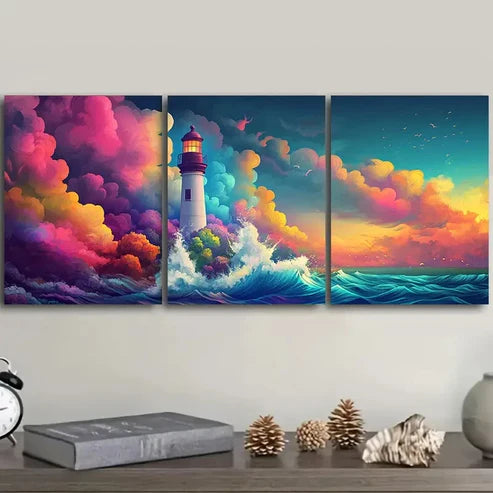 3pcs Lighthouse on the Sea Colorful Sky Perfect Wall Wall Art Set Canvas Unframed - High Quality Print 100% Australian Made Wall Canvas