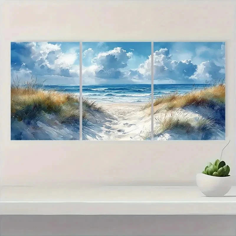 3pcs Sand Dunes and Ocean Scenery sd Wall Art Set Canvas Framed 40x60cm - High Quality Print 100% Australian Made Wall Canvas Ready to Hang - Bella Home Decor