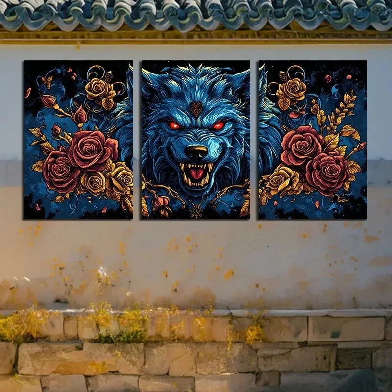 3pcs Wolf with Crown of Roses and Leaves Wall Art Set Canvas Framed 40x60cm - High Quality Print 100% Australian Made Wall Canvas Ready to Hang - Bella Home Decor