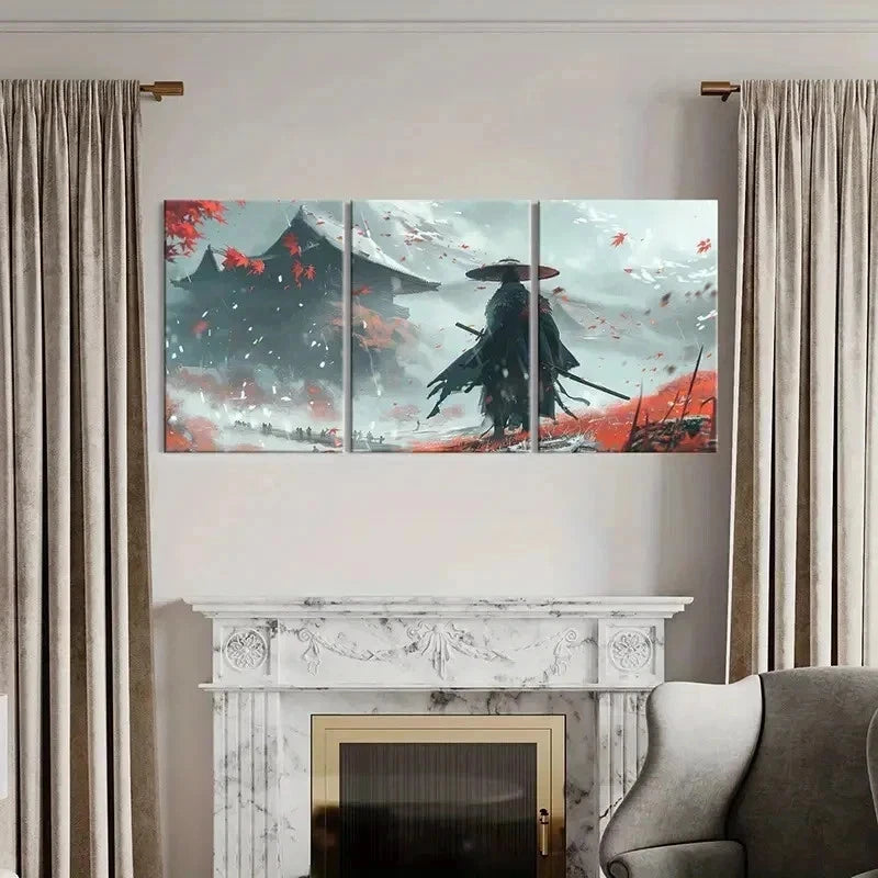 3pcs Dynamic Samurai & Autumn Leaves Wall Art Set Canvas Framed 50x70cm - High Quality Print 100% Australian Made Wall Canvas Ready to Hang - Bella Home Decor