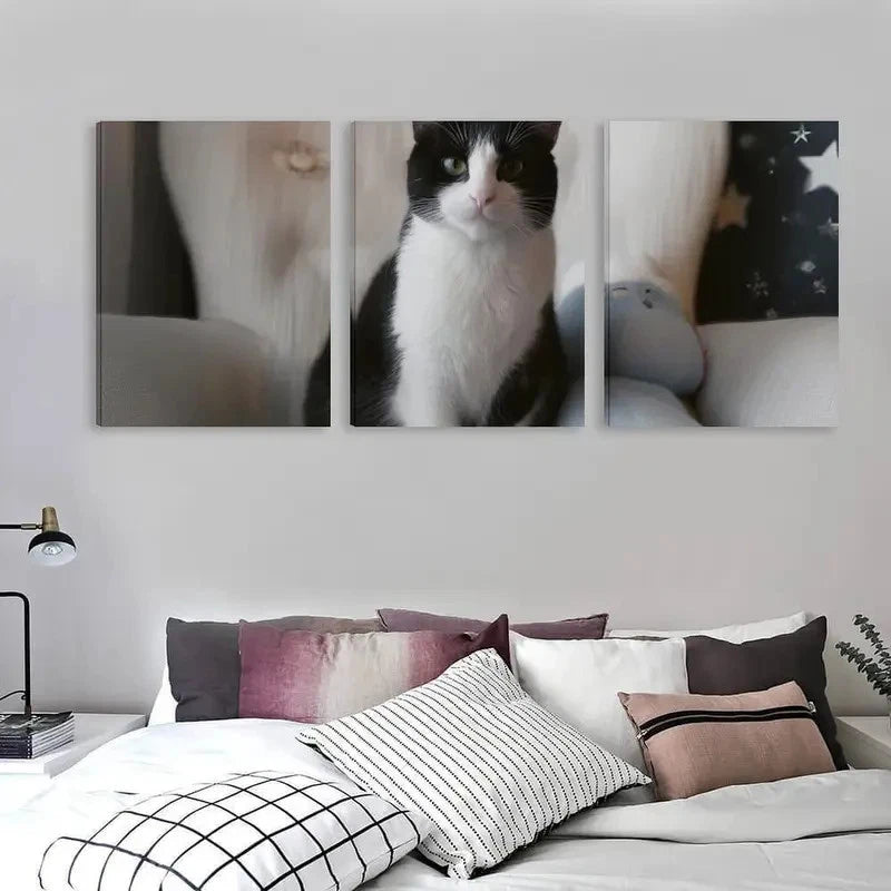 3pcs Modern Black and White Cat Painting Wall Art Set Canvas Framed 40x60cm - High Quality Print 100% Australian Made Wall Canvas Ready to Hang