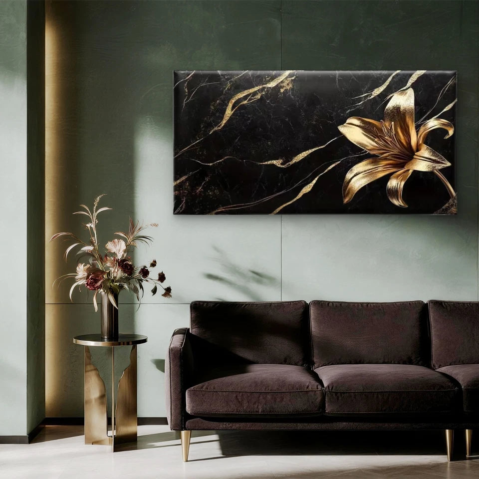 Golden Lily Wall Art Canvas Office Home Room Framed 120x60cm - Bella Home Decor