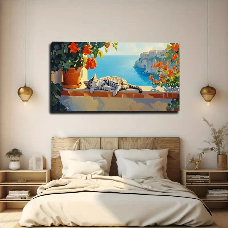 Serene Cat By The Sea Wall Art Canvas Office Home Room Framed 120x60cm