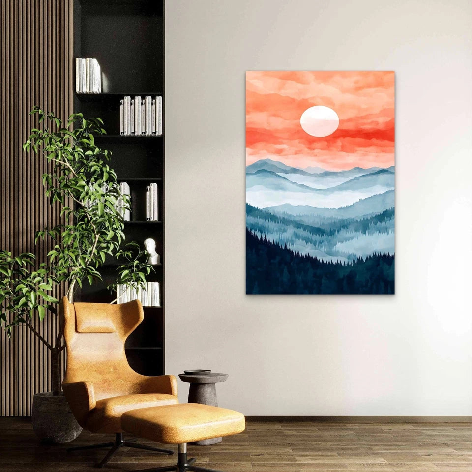 Watercolor Sunset Misty Mountains 40x60cm Metal Print Ready to Hang