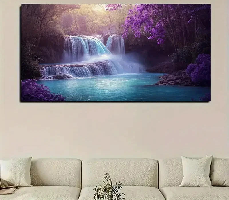 Retro Purple Waterfall Nature Wall Art Canvas Office Home Room Framed 120x60cm