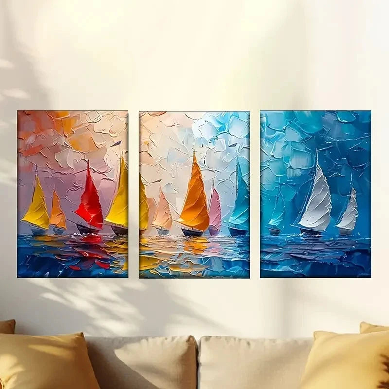3pcs sail boats abstract oil painting Wall Art Set Canvas Framed 60x90cm - High Quality Print 100% Australian Made Wall Canvas Ready to Hang