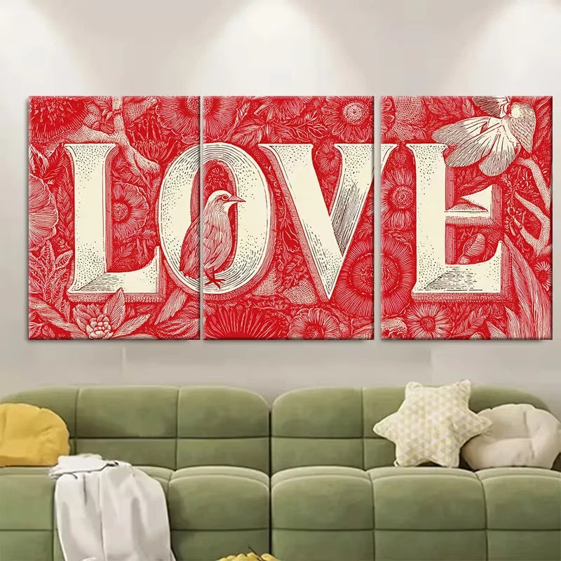 3pcs Red Love Aesthetic, Typography Metal Print Ready to Hang Art
