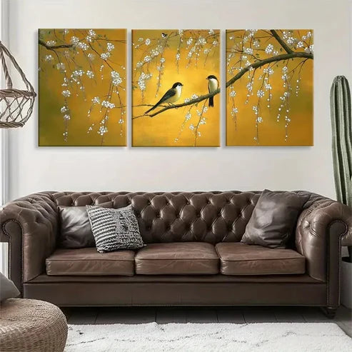 3pcs Birds & White Flowers on Yellow Perfect Wall Art Set Canvas Unframed - High Quality Print 100% Australian Made Wall Canvas - Bella Home Decor