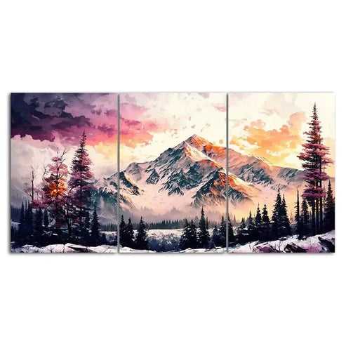 3 Piece Abstract Snow Mountain Forest Art with Golden Wall Art Set Canvas Unframed - High Quality Print 100% Australian Made Wall Canvas - Bella Home Decor