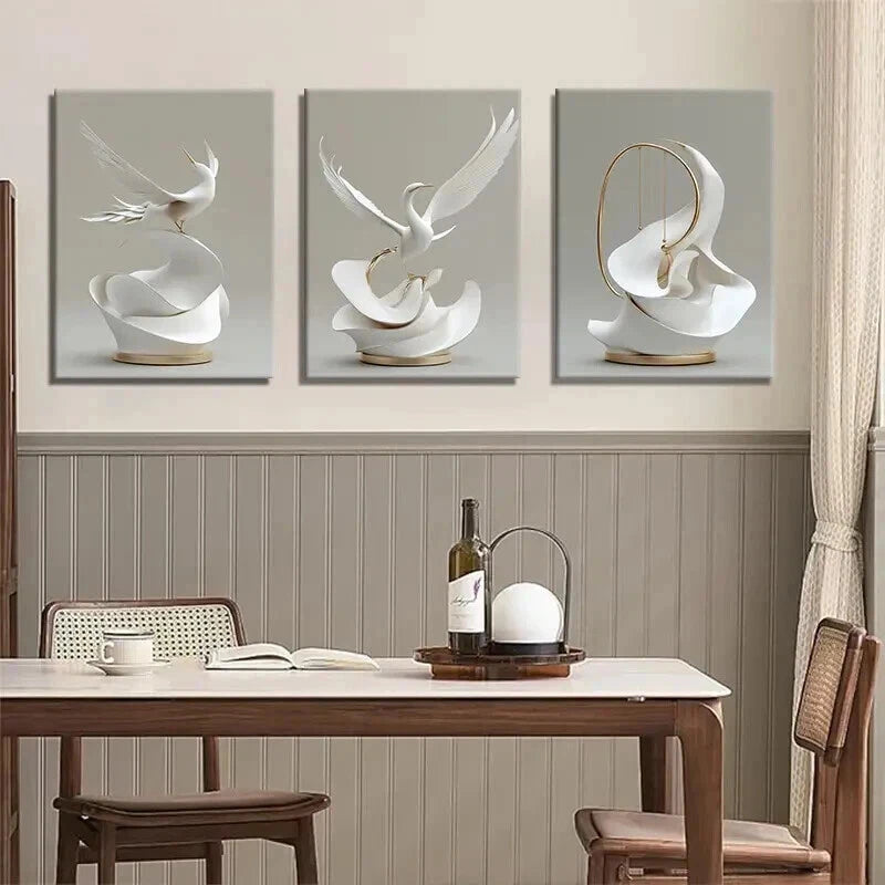 3pcs Elegant White Crane Modern Luxury Perfect Wall Art Set Canvas Framed 50x70cm - High Quality Print 100% Australian Made Wall Canvas Ready to Hang