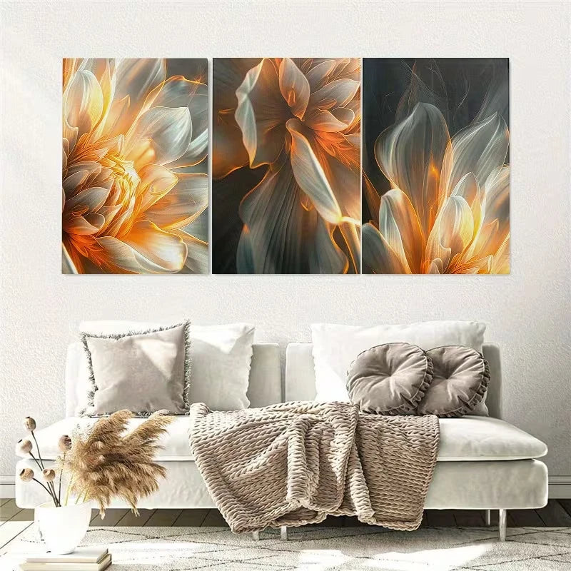 3pcs Luxury Abstract Golden Flowers Wall Art Set Canvas Framed 50x70cm - High Quality Print 100% Australian Made Wall Canvas Ready to Hang