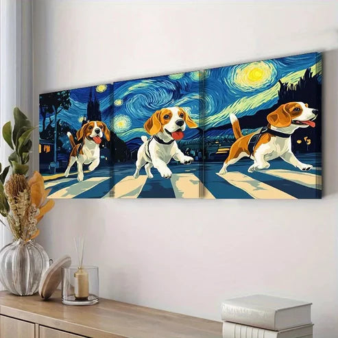 3 PCS Beagle Dogs Crossing The Street Wall Art Set Canvas Unframed - High Quality Print 100% Australian Made Wall Canvas - Bella Home Decor