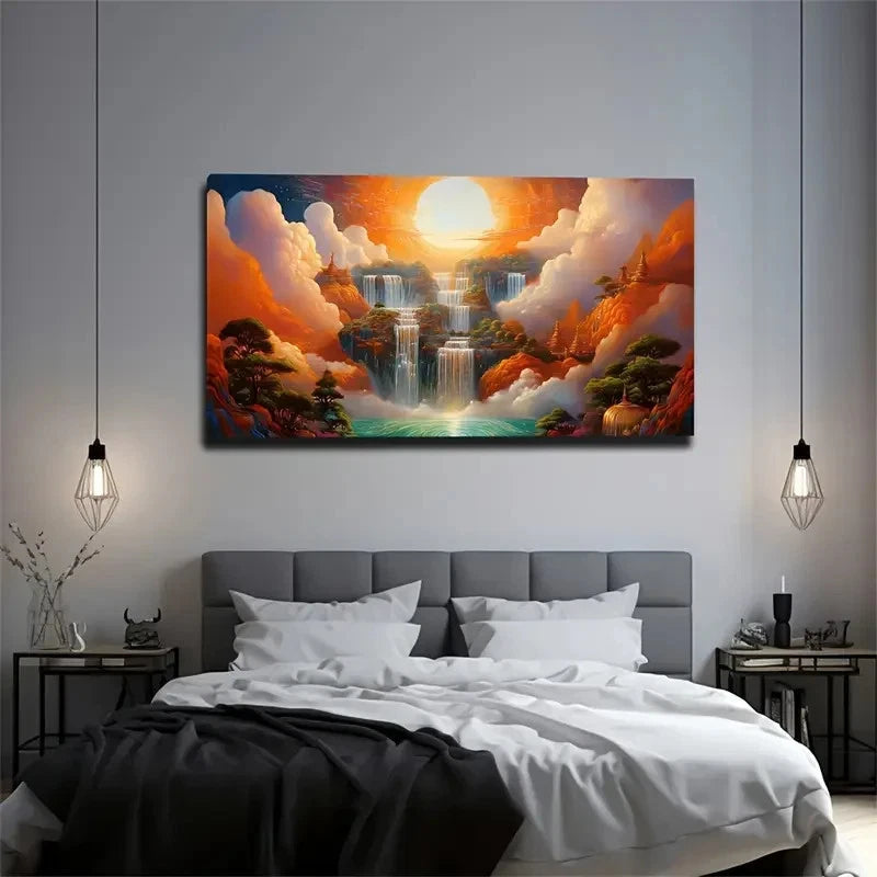 Waterfall And Sunset In Dreams Wall Art Canvas Office Home Room Framed 120x60cm