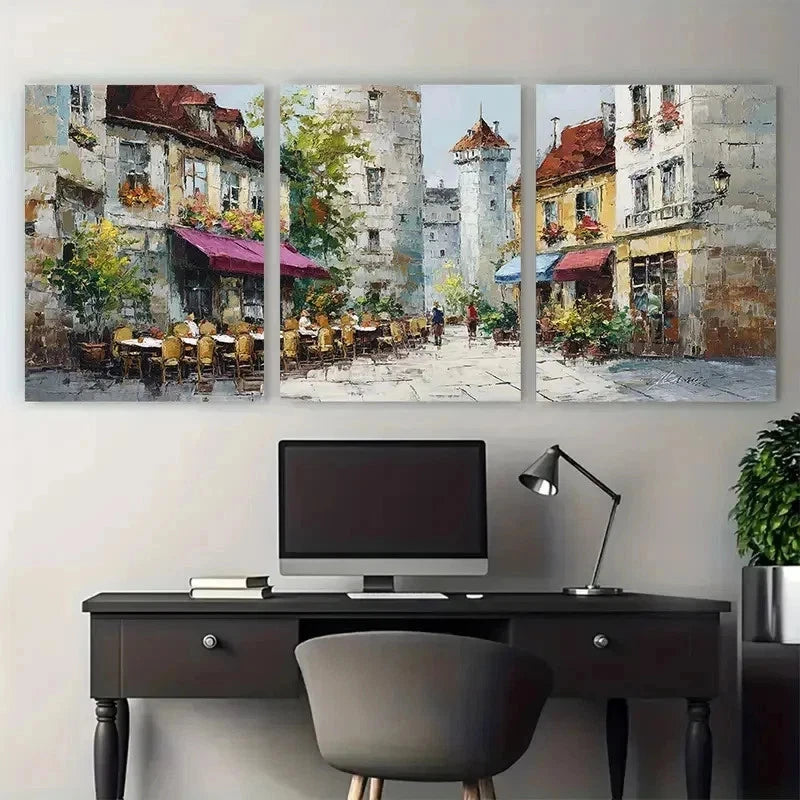 3pcs Mural Tower Street Outdoor Perfect Wall Art Set Canvas Framed 50x70cm - High Quality Print 100% Australian Made Wall Canvas Ready to Hang