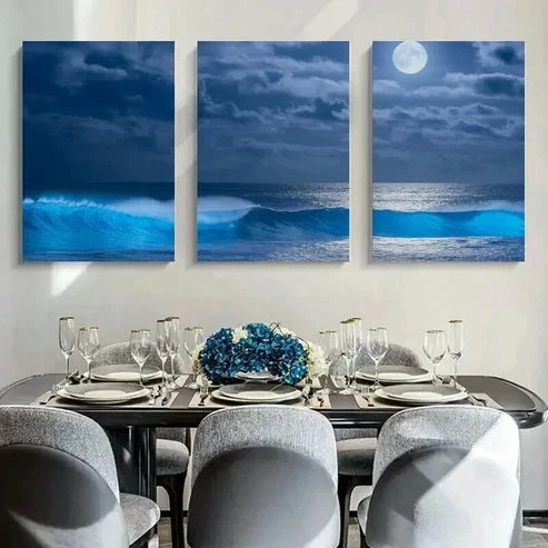 3pcs Glowing Ocean Waves & Moonlit Night Scene Wall Art Set Canvas Unframed - High Quality Print 100% Australian Made Wall Canvas - Bella Home Decor