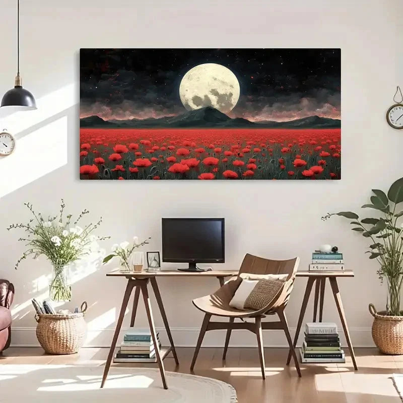 Moonlit Red Flower Vintage Wall Art Canvas Office Home Room Framed 120x60cm