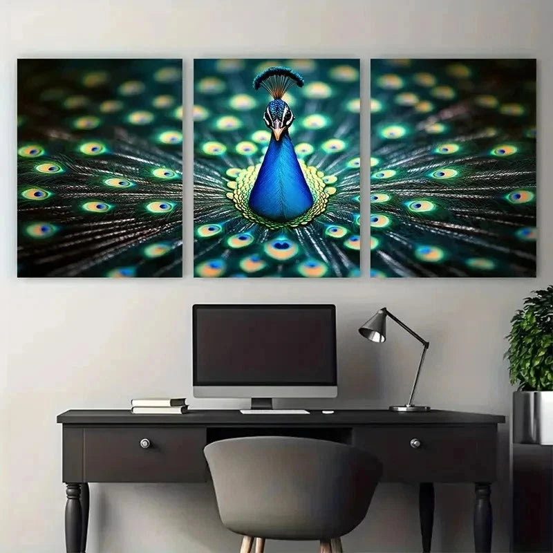 3pcs Vibrant Pea Rooster Feather Macro Perfect Wall Art Set Canvas Framed 50x70cm - High Quality Print 100% Australian Made Wall Canvas Ready to Hang