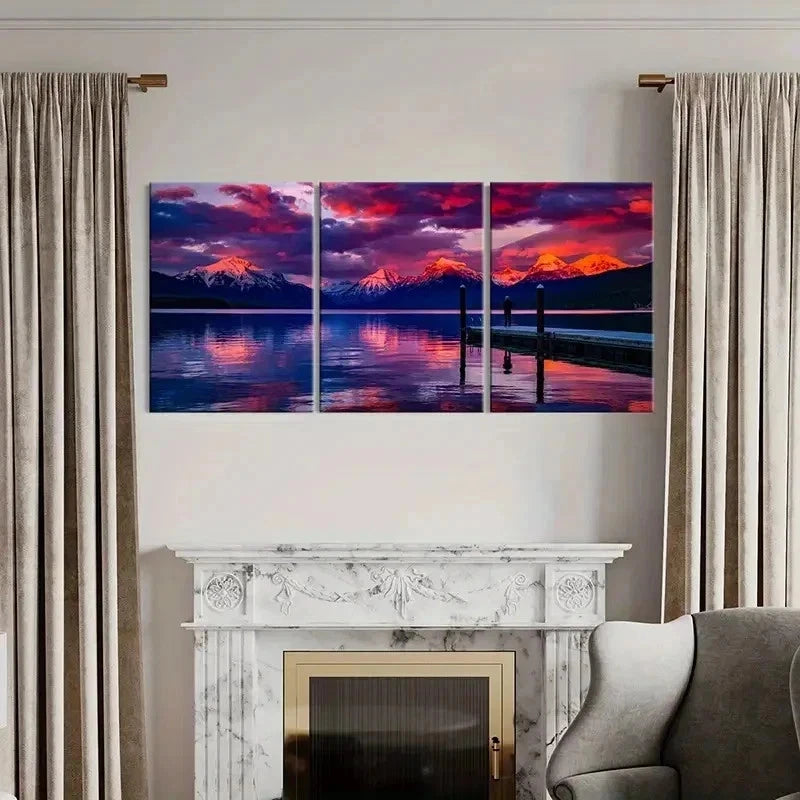 3pcs Snow Mountain Lake at Sunset Wall Art Set Canvas Framed 50x70cm - High Quality Print 100% Australian Made Wall Canvas Ready to Hang - Bella Home Decor
