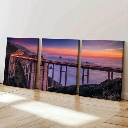 3pcs Coastal Landscape with Train & Sunset Wall Art Set Canvas Unframed - High Quality Print 100% Australian Made Wall Canvas - Bella Home Decor