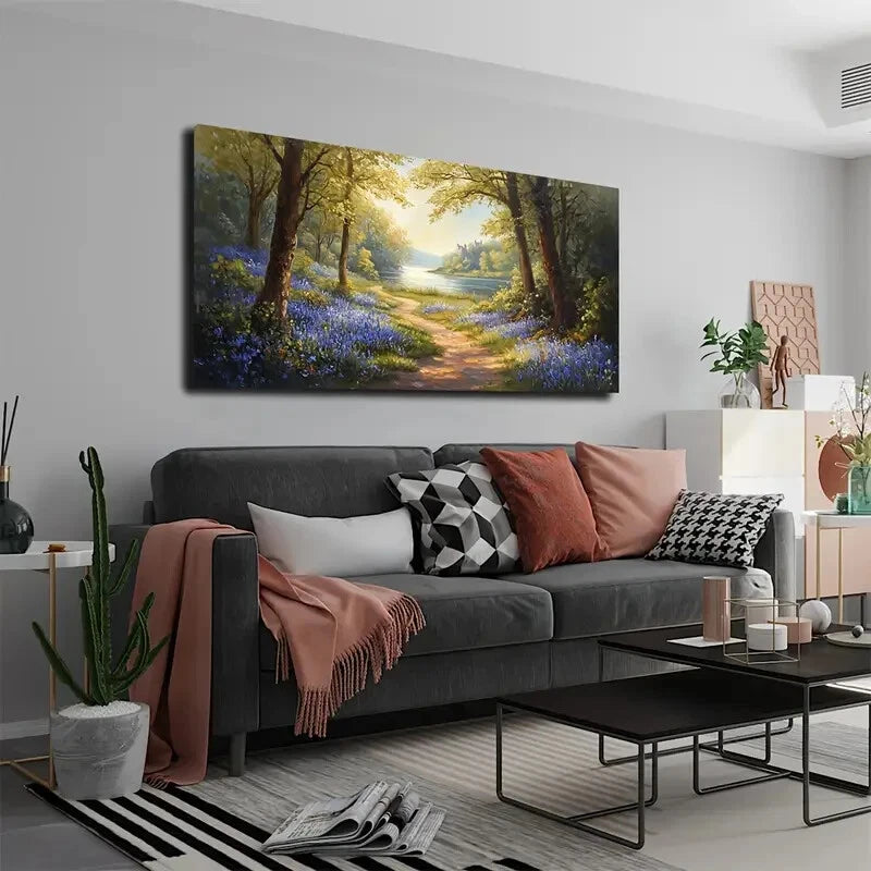 Serene Blue Floral Pathway Wall Art Canvas Office Home Room Framed 120x60cm - Bella Home Decor
