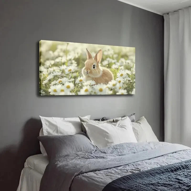 Charming Bunny & Daisy Field Wall Art Canvas Office Home Room Framed 120x60cm - Bella Home Decor