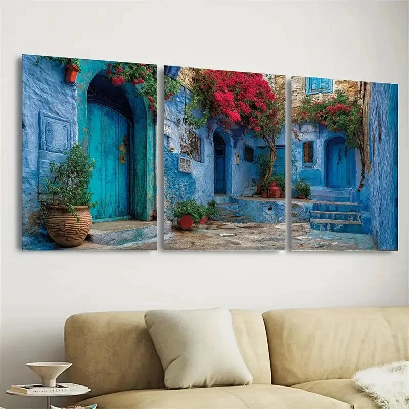 3pcs Moroccan Street Art Vibrant Blue Wall Art Set Canvas Framed 40x60cm - High Quality Print 100% Australian Made Wall Canvas Ready to Hang - Bella Home Decor