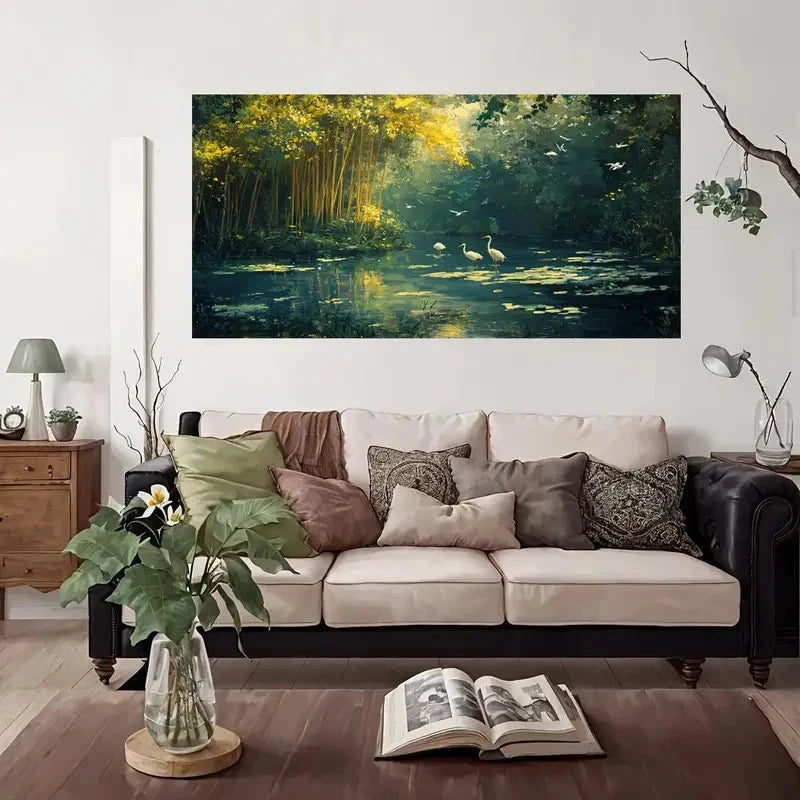 Pond Egrets Bamboo Forest Wall Art Canvas Office Home Room Framed 120x60cm