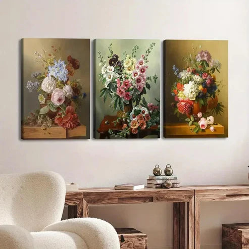 3pcs Retro Vintage Oil Paint Style Flowers Lion Wall Art Set Canvas Unframed - High Quality Print 100% Australian Made Wall Canvas