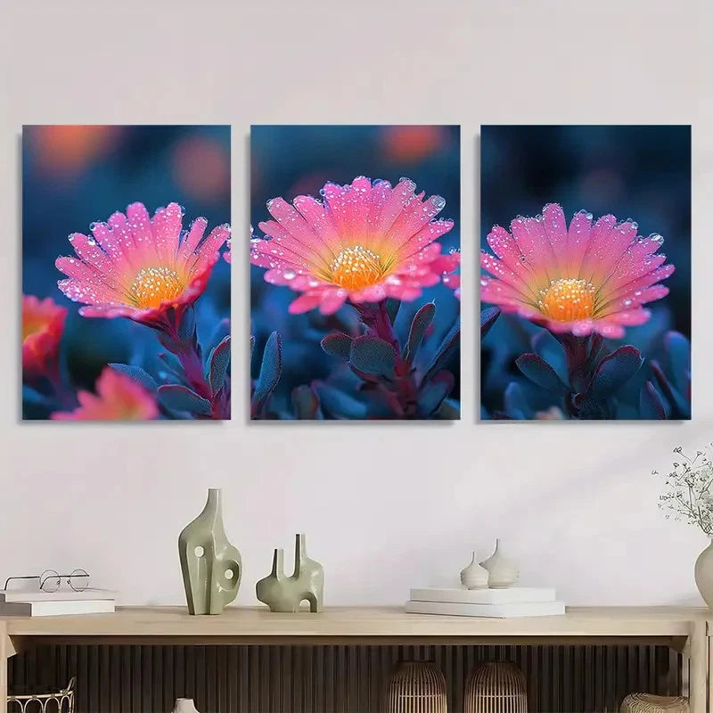 3pcs Soft Pastel Pink Flowers With Green Perfect Wall Art Set Canvas Framed 40x60cm - High Quality Print 100% Australian Made Wall Canvas Ready to Hang