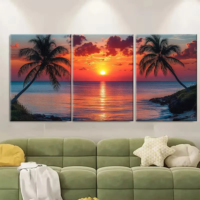 3pcs Tropical Sunset Palm Trees & Seascape Metal Print Ready to Hang Art