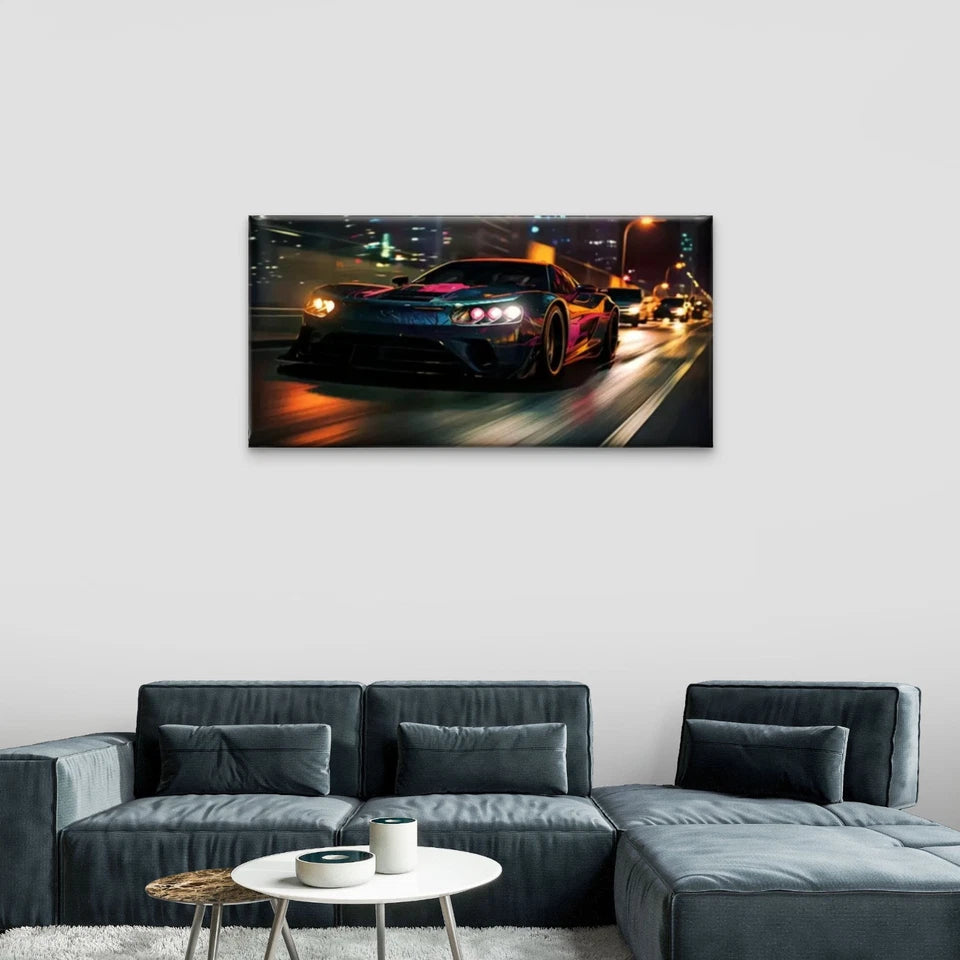 Sports Car Nighttime City Wall Art Canvas Office Home Room Framed 120x60cm
