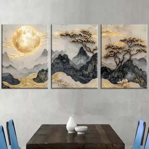 3pcs Chinese Luxury Points Golden Mountain Canvas Unframed - High Quality Print 100% Australian Made Wall Canvas - Bella Home Decor