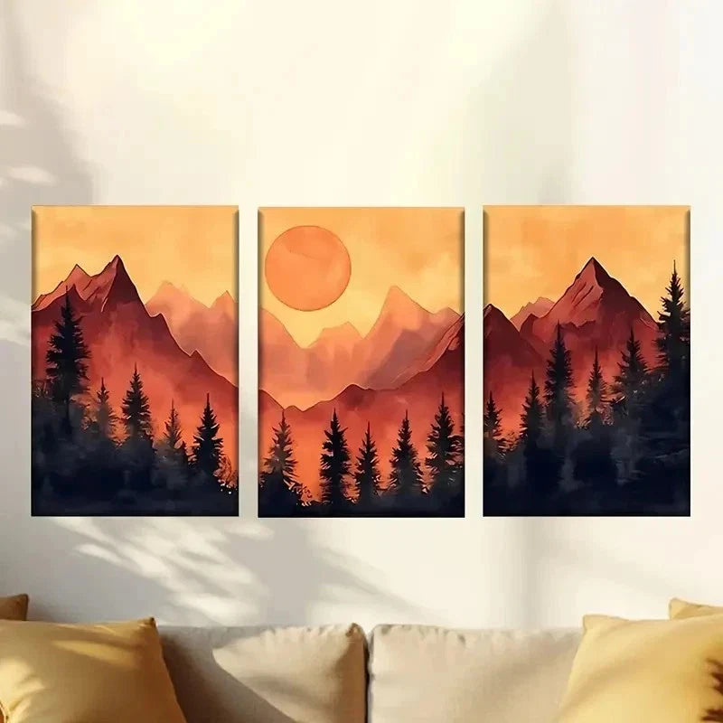 3pcs Sunset Over Mountains And Trees Wall Art Set Canvas Framed 40x60cm - High Quality Print 100% Australian Made Wall Canvas Ready to Hang - Bella Home Decor