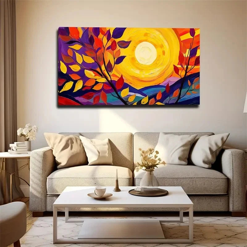 Round Yellow Sun Leaves Wall Art Canvas Office Home Room Framed 120x60cm