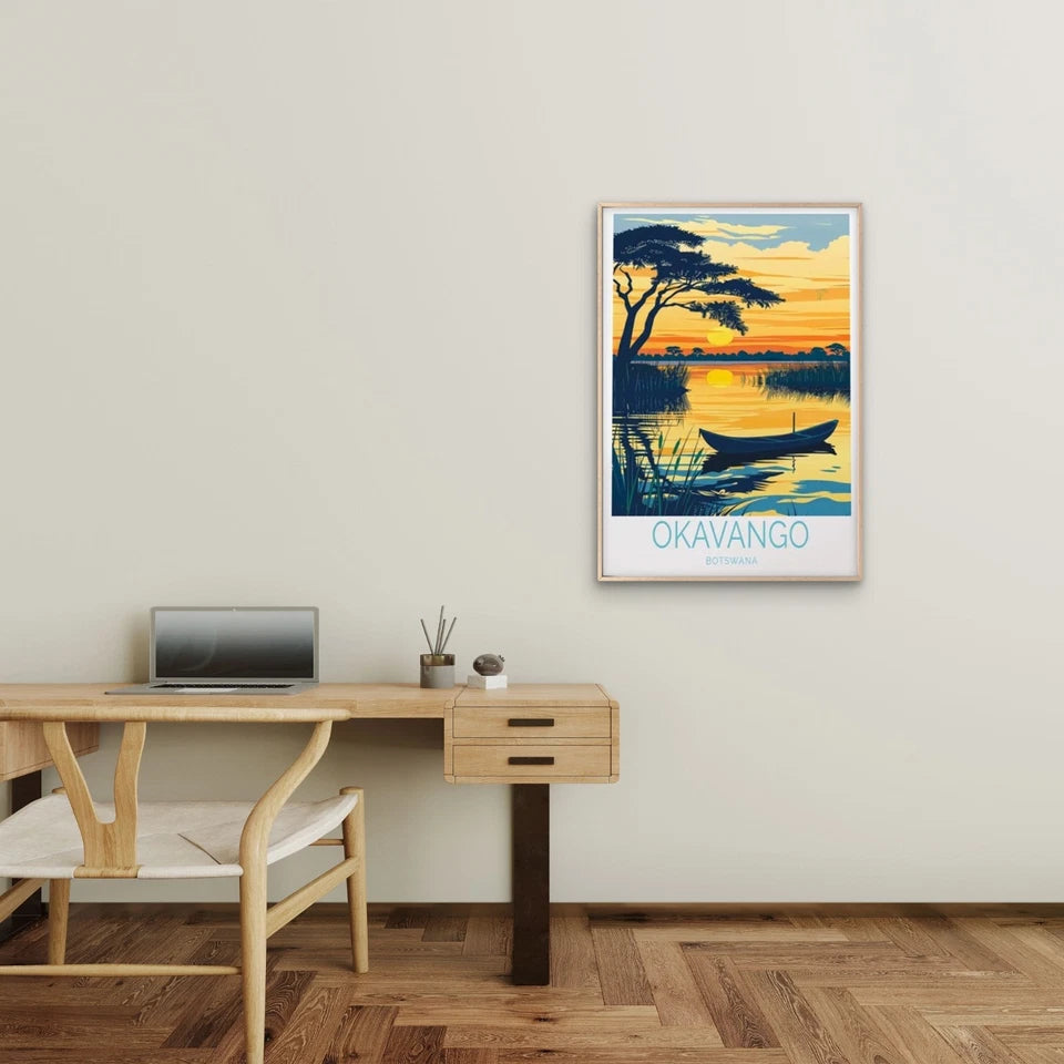 Okavango Botswana, Sunset & Boat in Lake Travel Poster Print Wall Art - Bella Home Decor