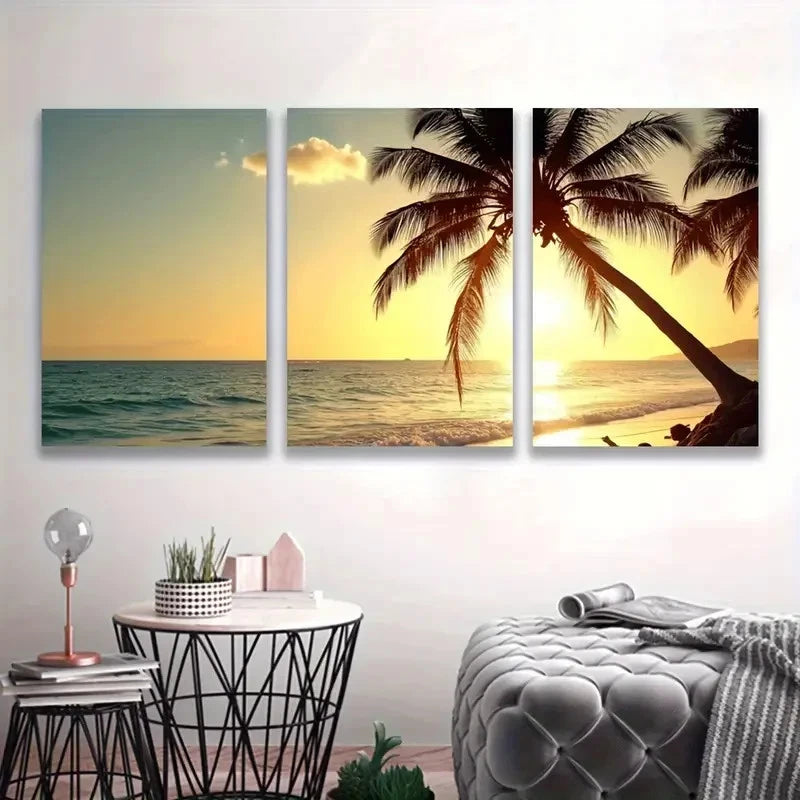 3pcs Yellow Tropical Beach Palm Tree Sunset Wall Art Set Canvas Framed 50x70cm - High Quality Print 100% Australian Made Wall Canvas Ready to Hang - Bella Home Decor