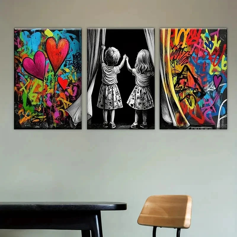 3pcs two girls looking out of window Wall Art Set Canvas Framed 50x70cm - High Quality Print 100% Australian Made Wall Canvas Ready to Hang - Bella Home Decor