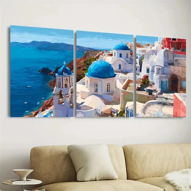 3pcs Santorini Greece Coastal, Europe Cityscape Wall Art Set Canvas Framed 60x90cm - High Quality Print 100% Australian Made Wall Canvas Ready to Hang
