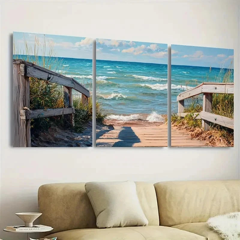 3pcs Lake Michigan, Lake House Decor Wall Art Set Canvas Framed 50x70cm - High Quality Print 100% Australian Made Wall Canvas Ready to Hang