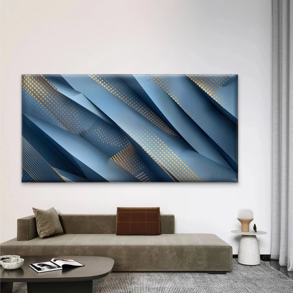 Blue Gold Geometric Wall Art Canvas Office Home Room Framed 120x60cm