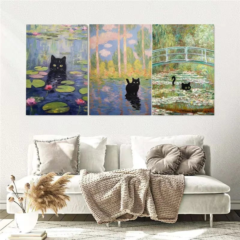 3pcs Black Cats Monet Painting Wall Art Set Canvas Framed 60x90cm – High Quality Print 100% Australian Made Wall Canvas Ready to Hang - Bella Home Decor