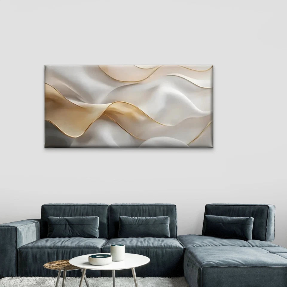 White & Golden Wavy Design Wall Art Canvas Office Home Room Framed 120x60cm