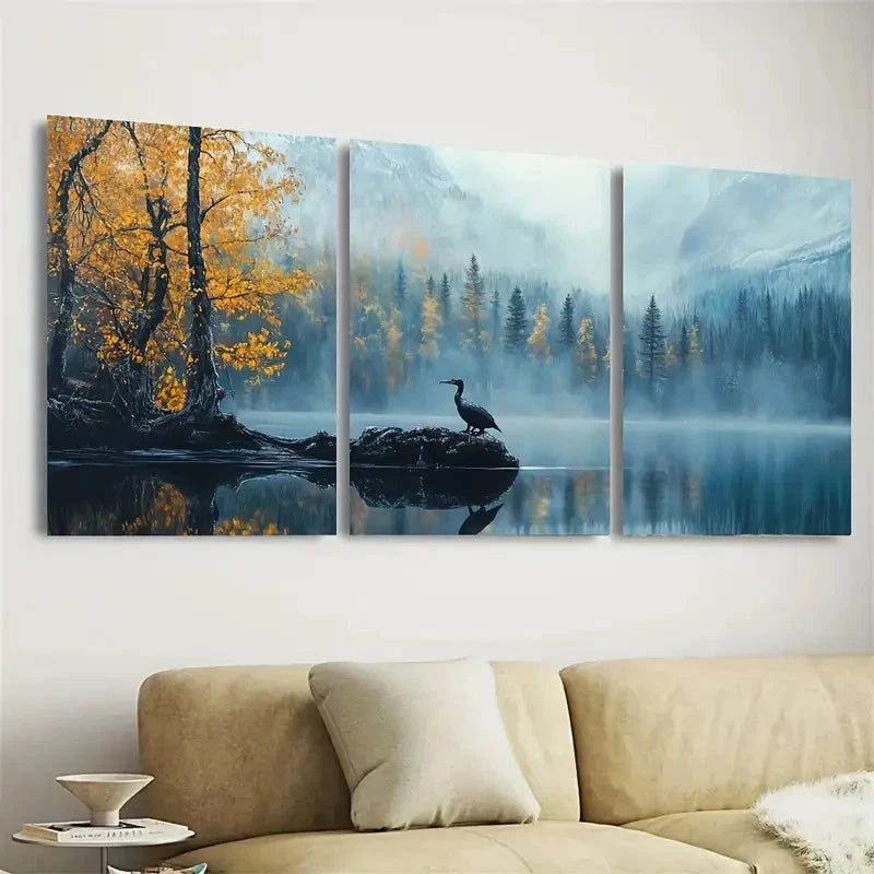 3pcs Serene Lake, Golden-Yellow Leaves Wall Art Set Canvas Framed 60x90cm - High Quality Print 100% Australian Made Wall Canvas Ready to Hang